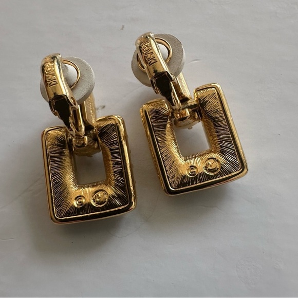 Swarovski Swan Couture Pave Crystal Gold Art Deco Drop Dangle Clip On Earrings - Picture 9 of 16